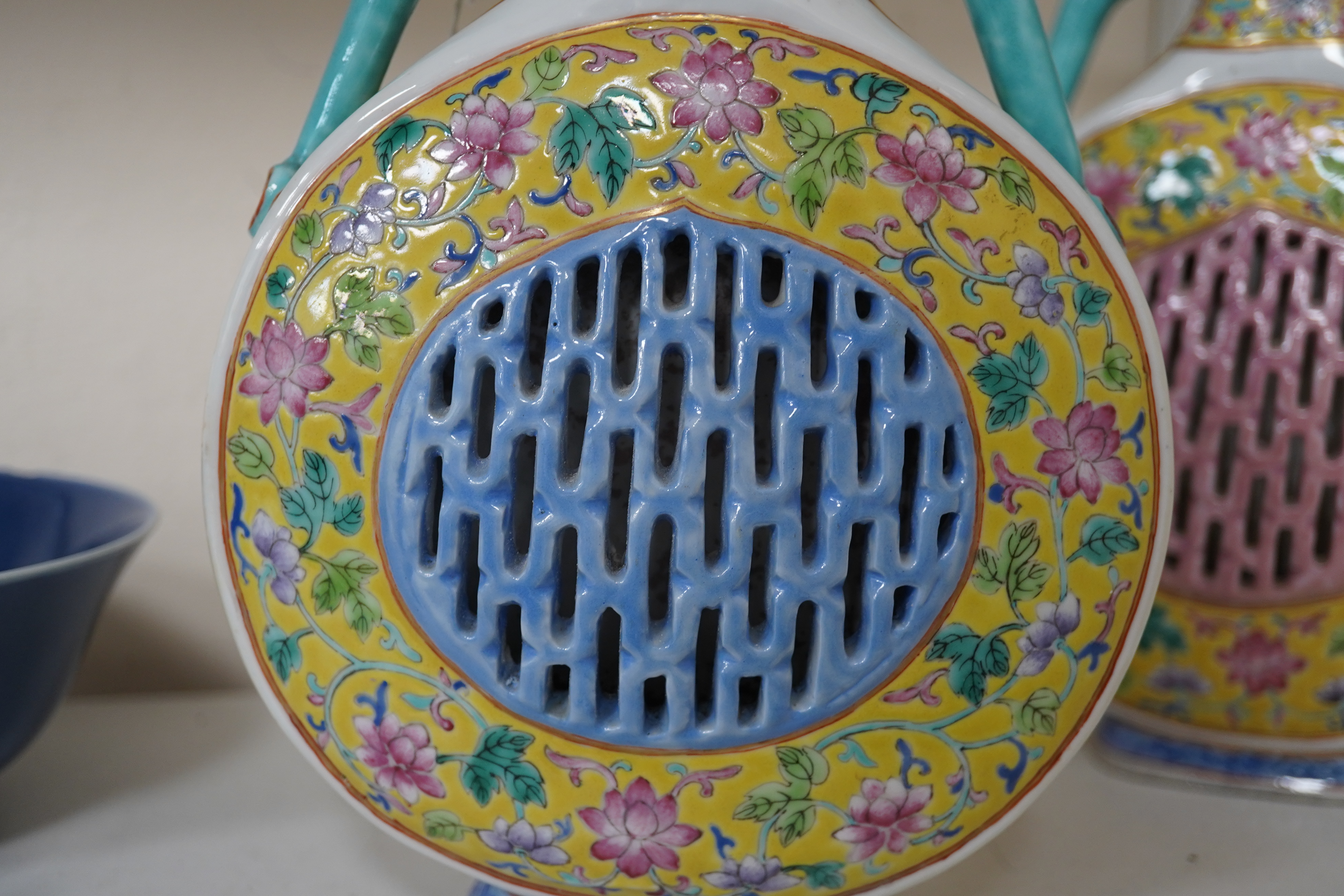 A pair of Chinese yellow ground double-walled moonflasks, bianhu, Daoguang marks, 19th century